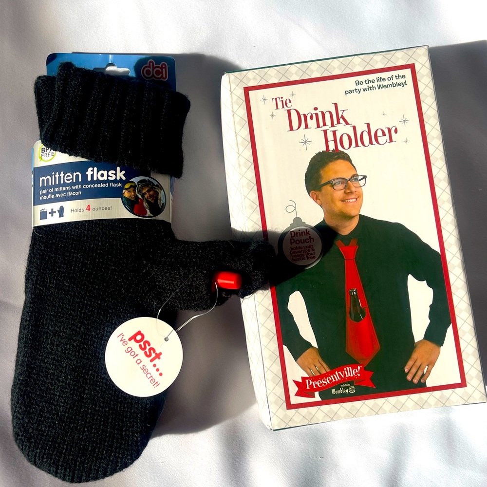 Drinker’s Bundle: Gloves w/hidden flask & Tie that’s a beer holder NWT